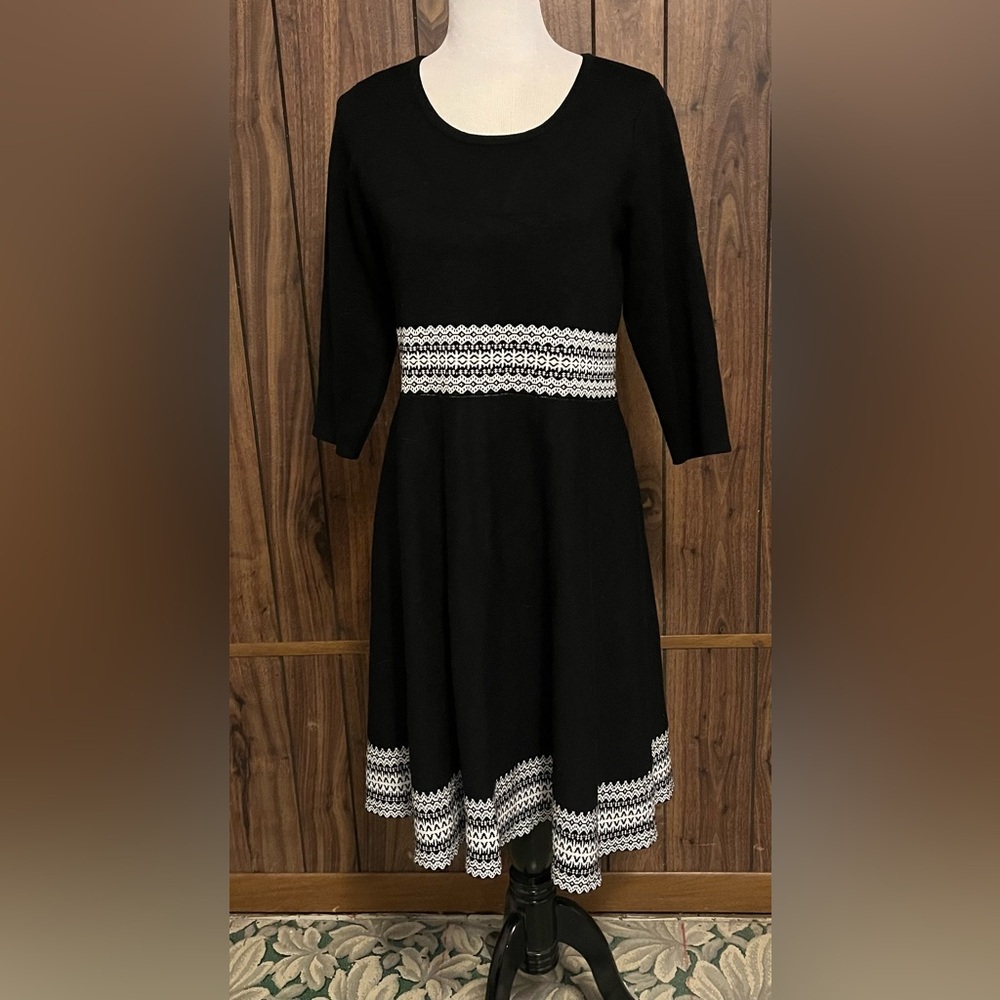 Nina Leonard Womens Black And White 3/4 Sleeve Midi Stretch Sweater Dress Sz L
